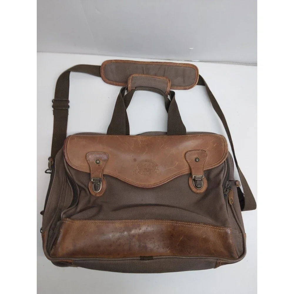 Vintage Cabela’s Canvas & Leather Messenger Laptop Weekender Luggage Bag